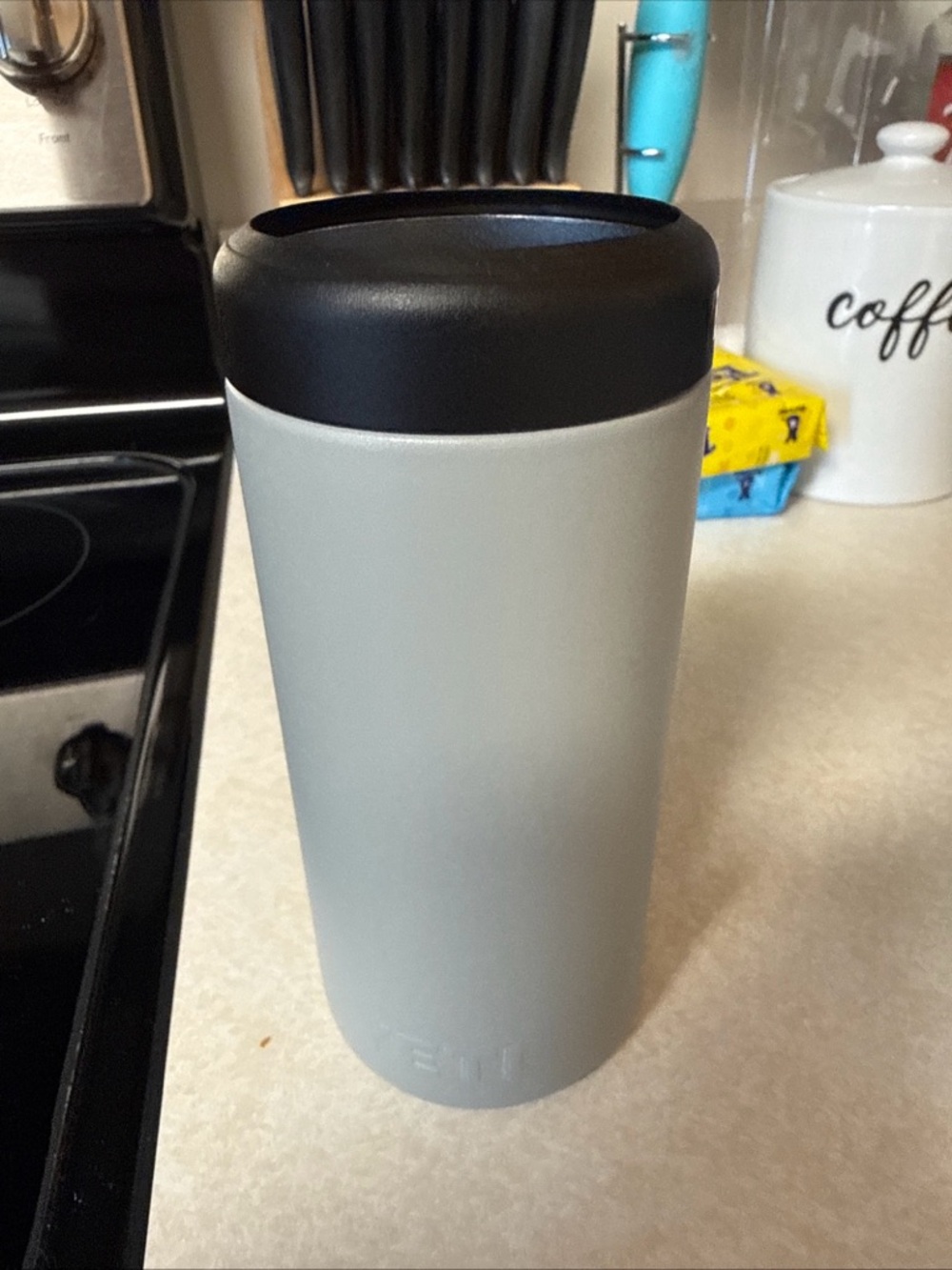 Yeti Travel Koozie in Light Gray with Black Lid